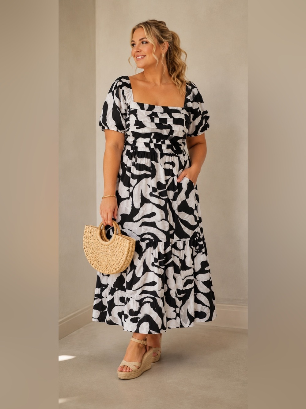 Japna Black White Puff Sleeve Maxi Dress Smocked Back Large Floral Print Pockets